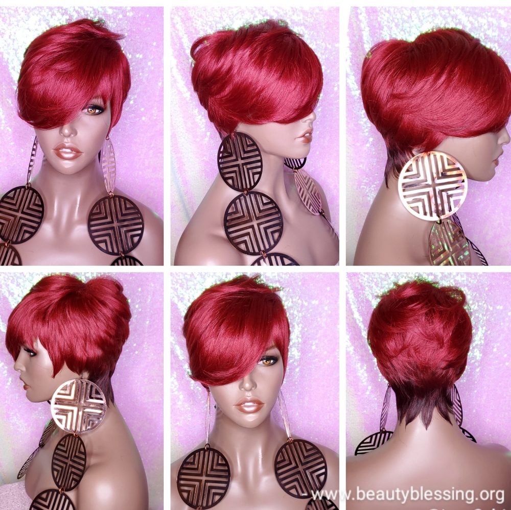 Pixie Short Cut Swoop Bang Ombre Burgundy Red Wine